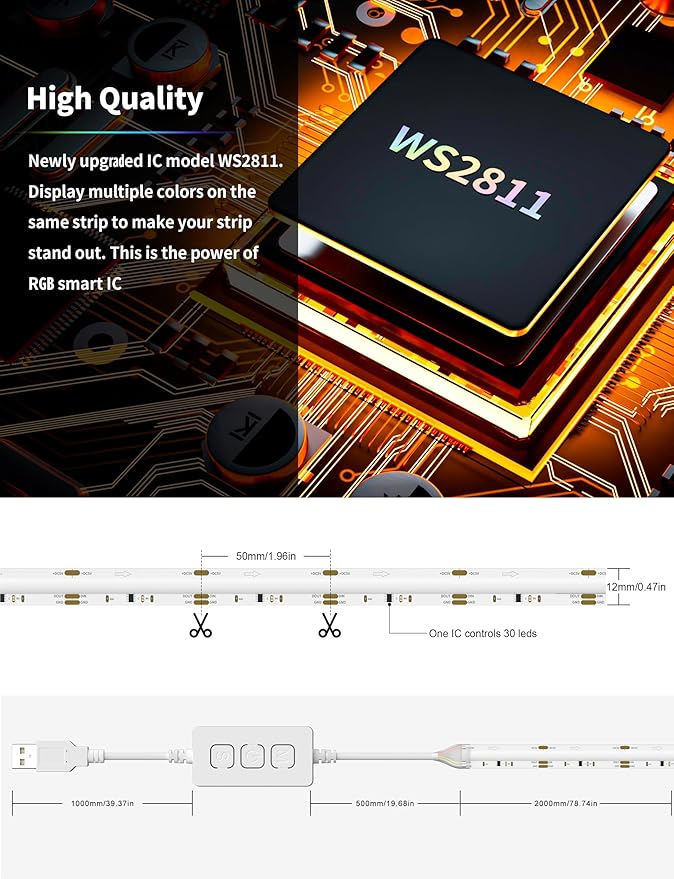 PAUTIX RGB Smart IC COB LED Strip Light USB 5V 6.56ft/2m,Work with Alexa/Google Assistant,Color Chasing UL-Listed Multicolor Flexible Tape LED Strip Light,for Cabinet,TV,Bedroom,Party DIY Decoration