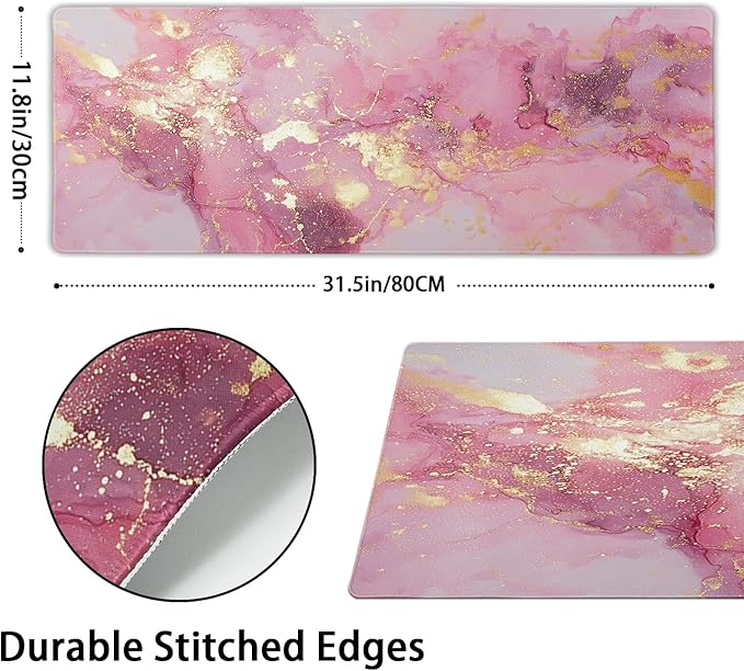 Gold Pink Marble Mouse Pad Extended Large 31.5x11.8in Coquette Kawaii Desk Mat Preppy Trendy Computer Mousepad XL Non-Slip Rubber Base Stitched Edge Rose Gold Mousepad PC Desk Pad for Work Desktop