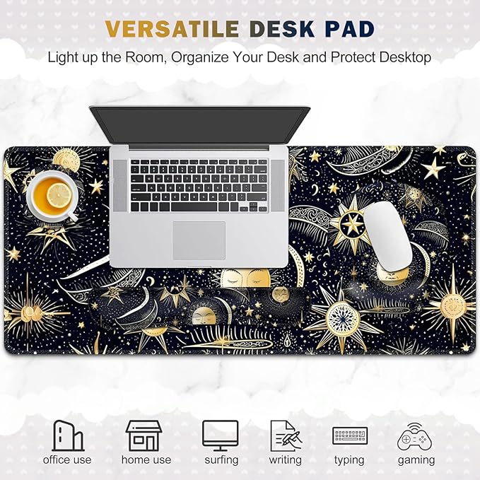 Gaming Mouse Pad, Large Desk Mat, Cute Desk Pad Protector, 4in1 XXL Mousepad + Keyboard Wrist Rest+Mouse Wrist Rest+Coaster Set with Ergonomic Desk Pad for Home Office PC Computer, Stars and Moon