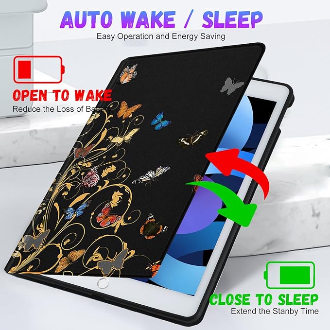 Uppuppy iPad Case for 5th/6th Gen, Air 1st/2nd Gen, Pro 9.7 Inch - Cute Black Butterfly Design Folio Cover for Kids, Women, Girls