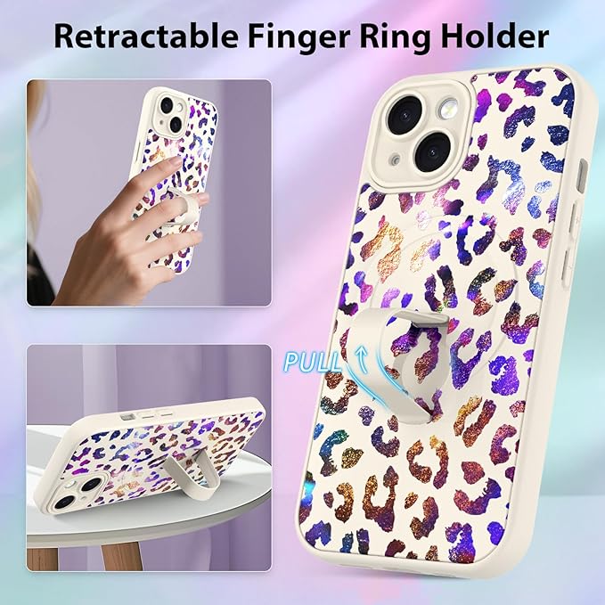 KANGHAR Compatible with iPhone 15 Case, Support for MagSafe, Silicone Cute Iridescent Leopard Cheetah Pattern, Wristband Kickstand Shockproof Protective Slim Cover for Women Girls, White