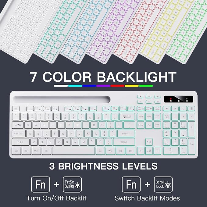 Soueto Wireless Keyboard with 7-Color RGB Backlit, Full-Size Computer Keyboard with Phone Tablet Holder, 2.4G Rechargeable Gaming Keyboard with Light Up Keys, Compatible with Mac, Windows (White)