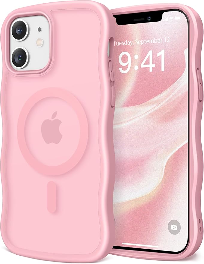 CAPRARO Cute for iPhone 12 Case & iPhone 12 Pro Case, Compatible with MagSafe, [Curly Wave Edge] [Camera Protection] [14 FT Drop Protection] Magnetic for iPhone 12/12 Pro, Peach Pink