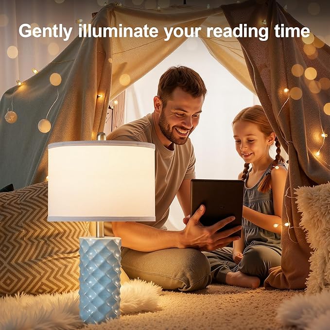 Sky Blue & Star Diamond Ceramic Table Lamps (Set of 2) - 23" Luxe Modern Bedside Lamps for Nightstand,bedrooms, Living Rooms, or entryways & Rotary Switch,No Bulbs