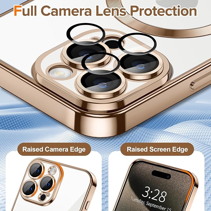 Hython Magnetic Clear for iPhone 15 Pro Case with Camera Lens Protector [Compatible with MagSafe] Luxury Plating Edge Slim Soft TPU Cover Protective Phone Case for iPhone 15 Pro 6.1", Desert Brown