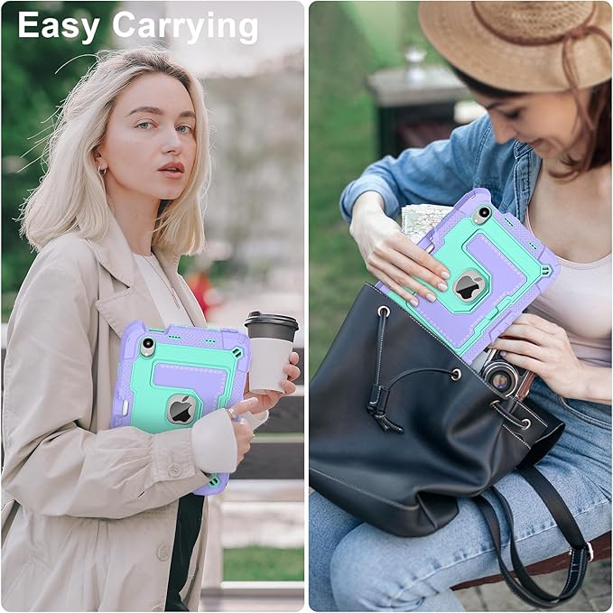 Kids Friendly Case for Apple iPad mini 7 A17 Pro 2024/iPad Mini 6 2021 8.3 Inch 7th/6th Gen Case with Pencil Holder & Shoulder Strap, Shockproof Kickstand Hard Shell Protective Cover,Purple+Mint