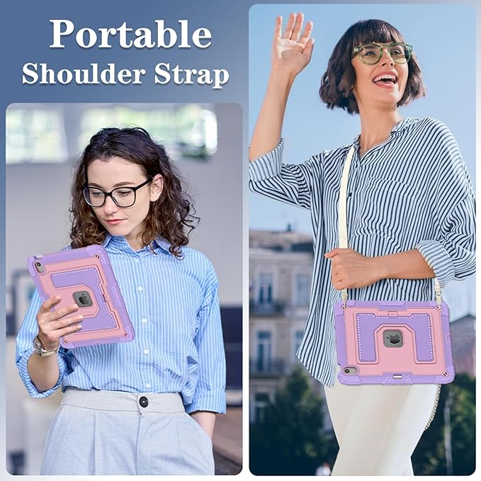 Kids Friendly Case for iPad Air 13 Inch M4 M3 M2 2026/2025/2024 Case with Pencil Holder & Shoulder Strap, Military Grade Shockproof Kickstand Hard Shell Protective Cover,Pink+Purple