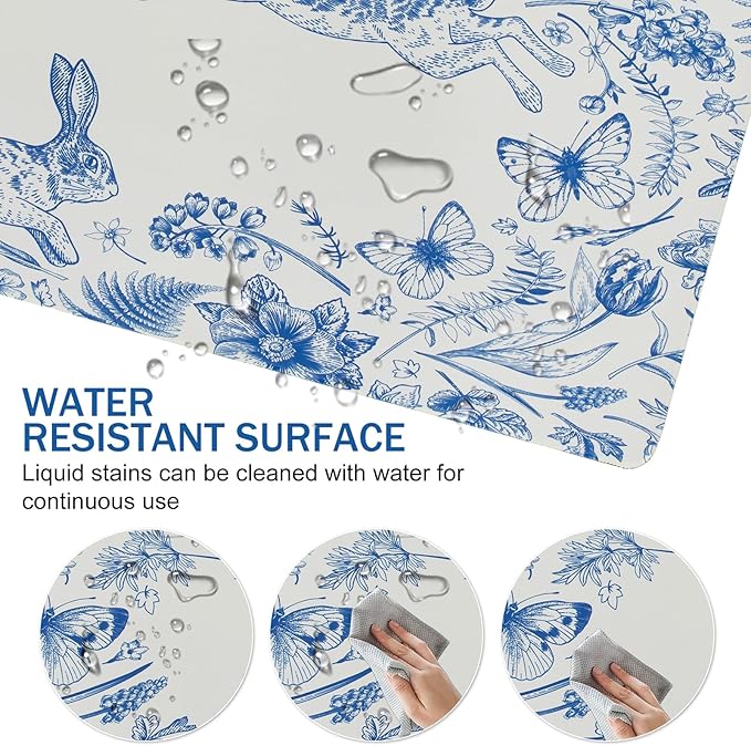 L-SPOUTTO Blue Floral Desk Mat for Keyboard and Mouse,Cute XXL Gaming Mouse Pad,Large 35.4x15.7in Non-Slip Rubber Base Keyboard Pad Waterproof Desktop Mat for Laptop Computer Work Home Office-Rabbits