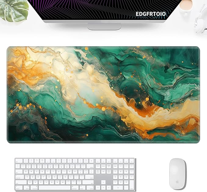 Gaming Mouse Pad, Keyboard Mouse Pad 31.5x15.7 inch XXL Large Computer Laptop Cool Desk Mat with Non-Slip Rubber Base and Stitched Edge for Home Office Work, Green Orange Marble