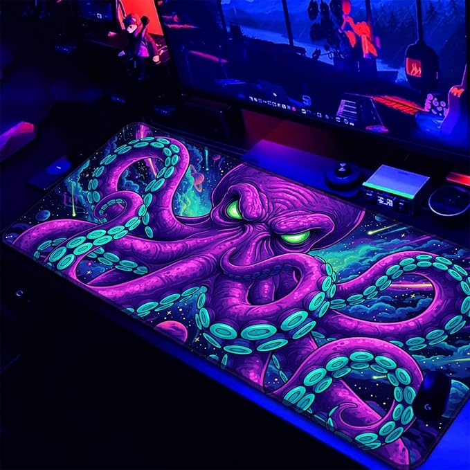 Blacklight Octopus Mouse Pad – UV Reactive Neon Tentacle Galaxy Desk Mat, Glow in The Dark Extended Gaming Mousepad with Colorful Cosmic Kraken Art for Gamers, Room Decor - 31.5" x 11.8"