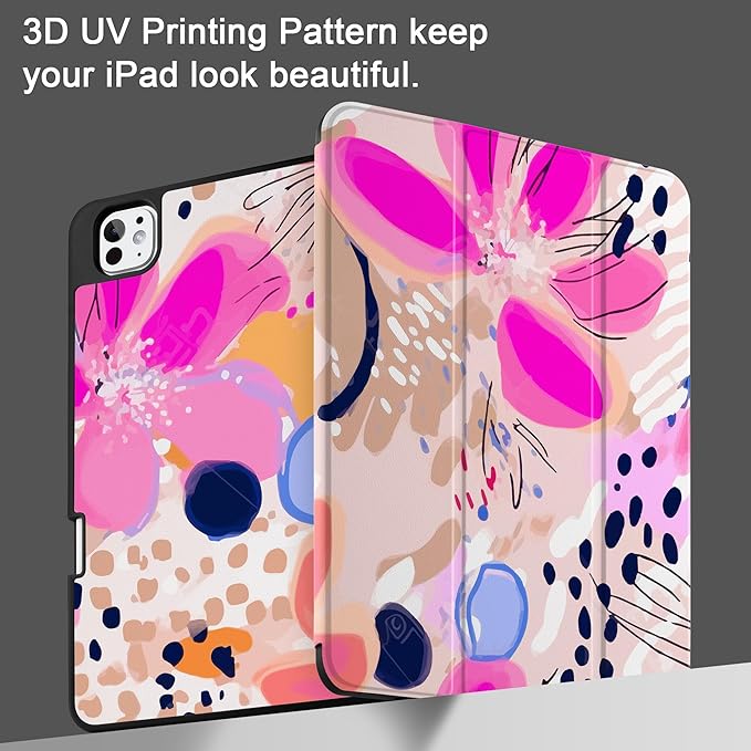 DONGKE Case for iPad Pro 11 inch (M5 2025 / M4 2024, 6th & 5th Generation) – [Built-in Pencil Holder] Ultra Slim PU Leather Trifold Stand Cover with Soft TPU Back, Auto Wake/Sleep, Floral Artistic