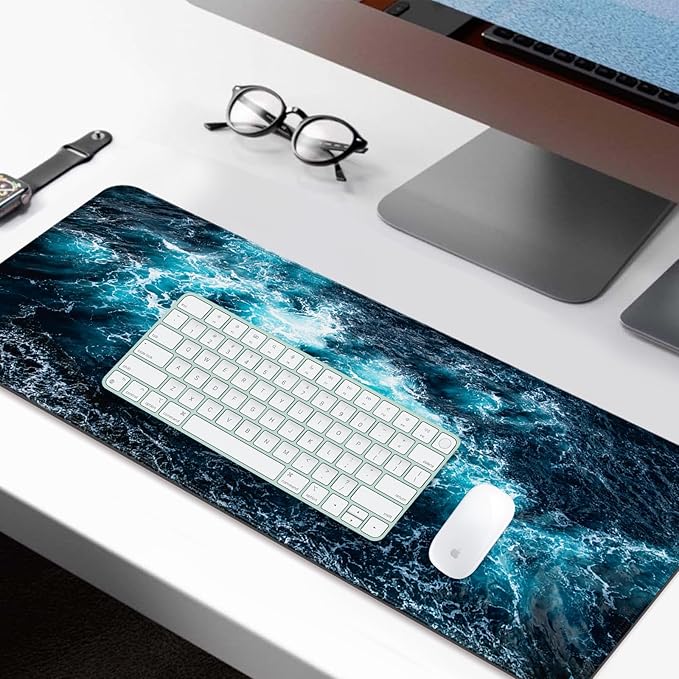 Beach Ocean Waves Gaming Desk Mat, Computer Keyboard Large Extended Sea Mouse Pad for Office and Home, 31.5×11.8 Inches, XL, Blue