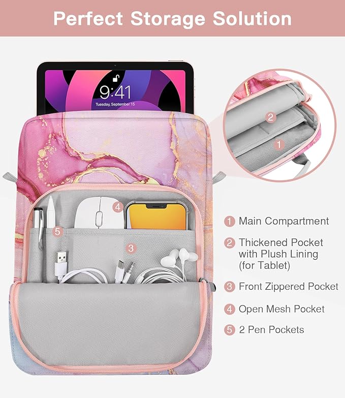 MoKo 9-11 Inch Tablet Sleeve Bag Handle Carrying Case with Shoulder Strap Fits iPad Pro/Air/A16 11 inch,iPad 10th 10.9,i-Pad 9/8/7th 10.2,iPadAir 5/4th 10.9,i-Pad 9.7,Tab S8/S9 11", Cloudy Pink