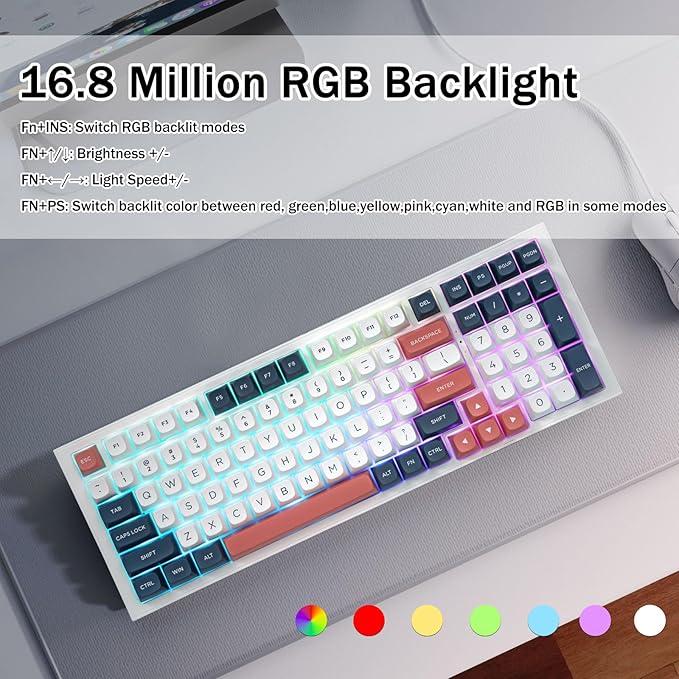 Redragon K723 Wireless Mechanical Gaming Keyboard Creamy, Bluetooth/2.4G/USB-C Wired, RGB Backlit, Hot Swappable Pre-lubed Linear Switches, Custom Gasket Structure for PC/Mac/PS/Xbox, White Blue