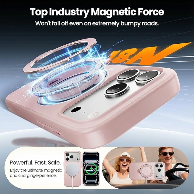 360°Ring Stand for iPhone 17 Pro Max Case, Compatible with MagSafe, Military-Grade Protective,Anti-Yellowing, Scratch-Resistant Back Cover Phone Case for iPhone 17 Pro Max 6.9", Light Pink