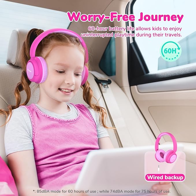 iClever BTH22 Kids Bluetooth Headphones, 60H Play Time, USB C Fast Charging, Bluetooth 5.4, AUX Cord,Safe Volume 74/85 dBA,Over Ear Kids Headphones Wireless for iPad/Tablet/Travel/School, Bright Pink