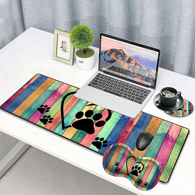 3 Piece Mouse Pad Set with Stitched Edge Large Anti-Slip Mouse Pad Desk Pad Keyboard Pad + Wrist Rest Pad + Coaster, Memory Foam Wrist Rest for Office/Home - Rustic Rainbow Woodgrain Dog Paw