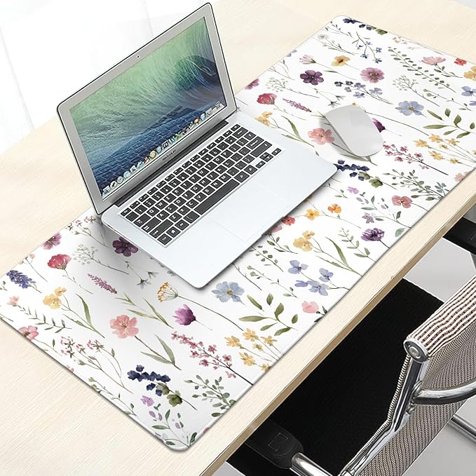 Floral Desk Mat Large Extend Mouse Pad XL Beige Boho Desk Pad 31.5x11.8 Inch Cute Minimalist Flowers Mouse Pads Flowers Esthetics Computer Laptop Mouse Mat Non-Slip for Home Office Desktop Decor