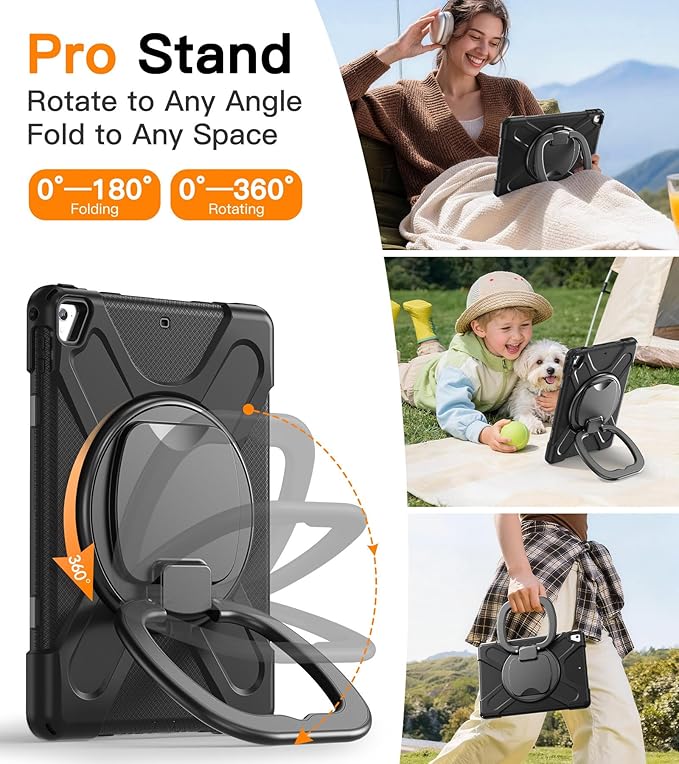 BATYUE Case for iPad 6th Generation 9.7 inch 2018, iPad 5th Gen 2017, iPad Air 2/ iPad Pro 9.7'',Shockproof Protective Cover with Pencil Holder &Rotating Bracket &Shoulder Strap (Black)