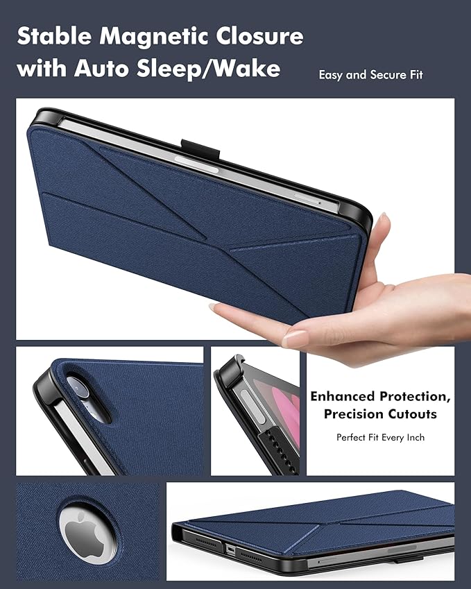 INFILAND Case for iPad mini 7 (A17 Pro) 2024 / iPad mini 6 2021, Magnetic Origami Slim Protective Case, Book-Style Foldable Cover with Pencil Holder, Multi-Angle Stand, Auto Wake/Sleep, Navy