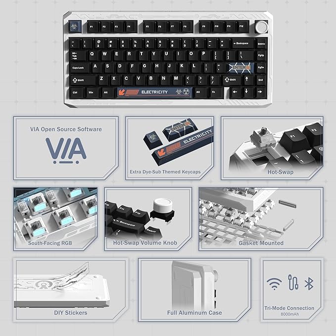 Womier ERA75 75% Wireless Mechanical Keyboard with VIA/QMK, Knob Full Aluminum Custom Keyboard, Pre-lubed POM Switches RGB Creamy Gaming Key Board, 3-Mode Gasket Hot Swappable, White