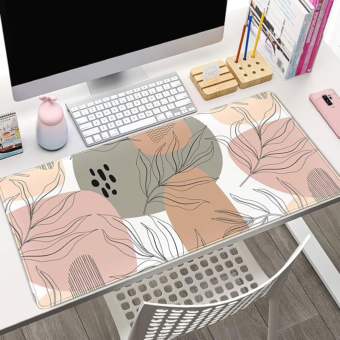 Boho Abstract Large Mouse Pad, Brown Grey Pink Aesthetic XL Mouse Pad, Gaming Mousepad XXL Long Keyboard Mat 31.5''X15.7'' Desk Accessories for Women Girls