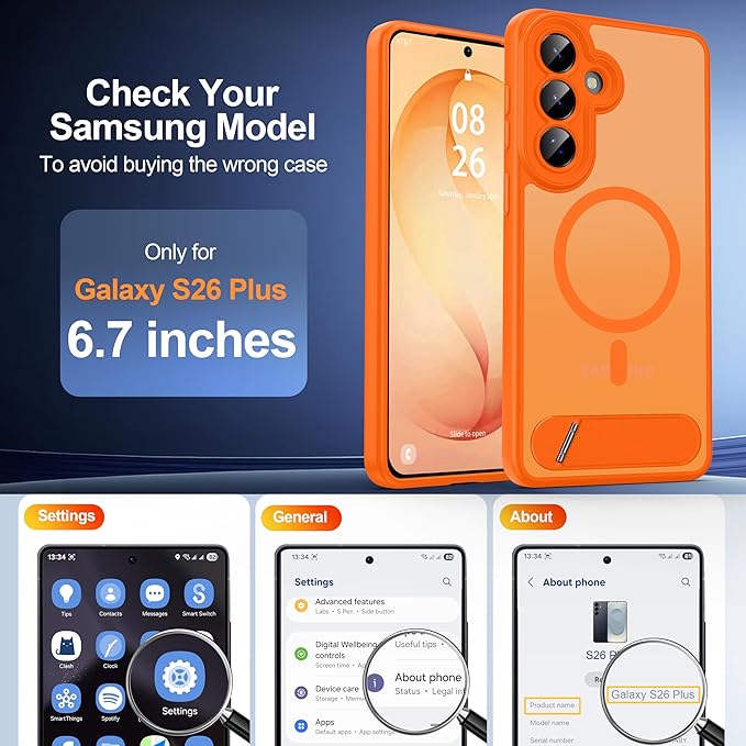 Magnetic for Samsung Galaxy S26+ Plus Case, [Compatible with MagSafe][Full Camera Protection][Built-in Invisible Kickstand] Translucent Matte Phone Case for S26 Plus 6.7" - Orange