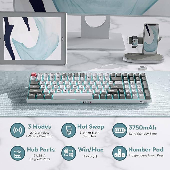 RK ROYAL KLUDGE RK100 Wireless Mechanical Keyboard RGB Backlit Bluetooth5.1/2.4G/Wired 96% Full Size 100-Key Hot Swappable Gaming Keyboard Red Switch Classic