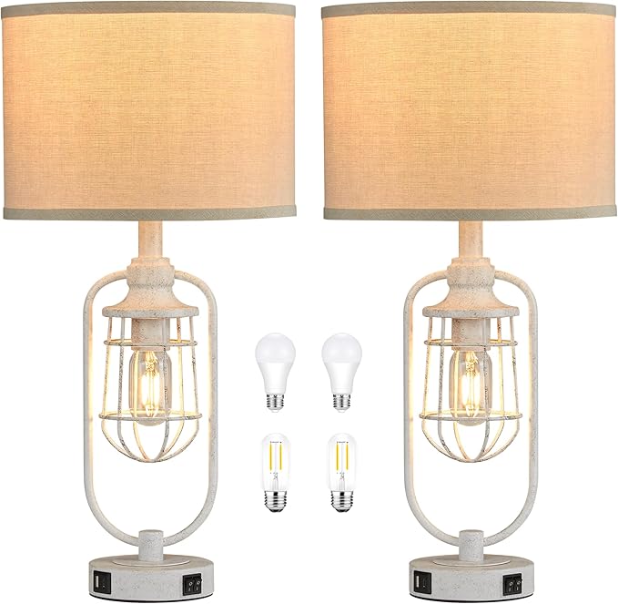 Farmhouse Table Lamps for Living Room Set of 2, Lamps for Night Stands Set of 2, Industrial Bedside Lamps for Bedroom Nightstand with USB A+C, Bulbs Included