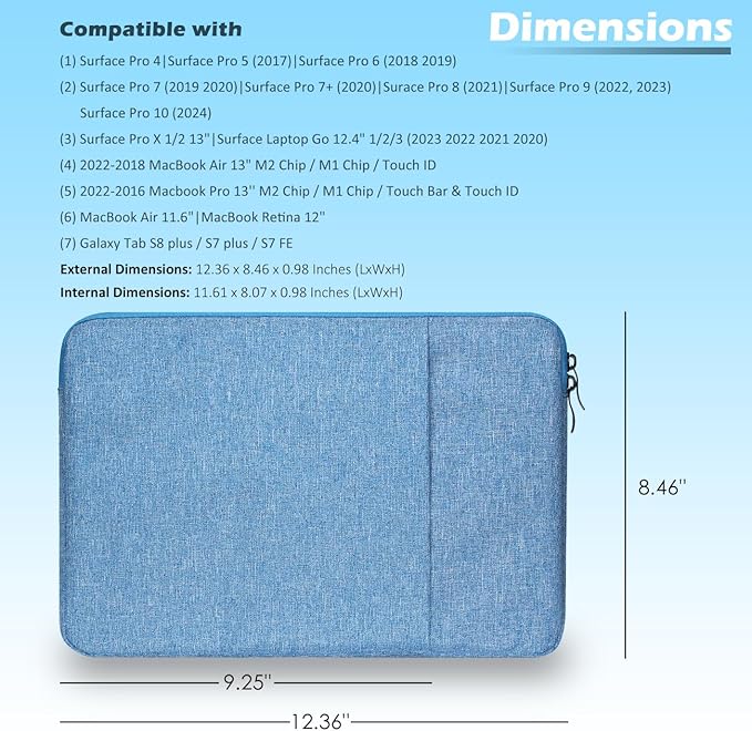 ProElife 12-Inch Laptop Tablet Sleeve Case Canvas Cover for 2023-2014 Surface Pro 4/5 / 6/7 / 7+ / 8/9|Surface Laptop Go 1/2/3 12.4"|MacBook Air/Pro 13'' M1|Galaxy Tab S8+/S7+ Bag (Blue)