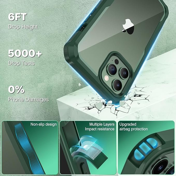 CENHUFO for iPhone 13 Pro Case, Privacy Phone Cover with Built-in Anti Peep Tempered Glass Privacy Screen Protector and Camera Protective, Full Body Shockproof Anti Spy Clear Double Bumper - Green