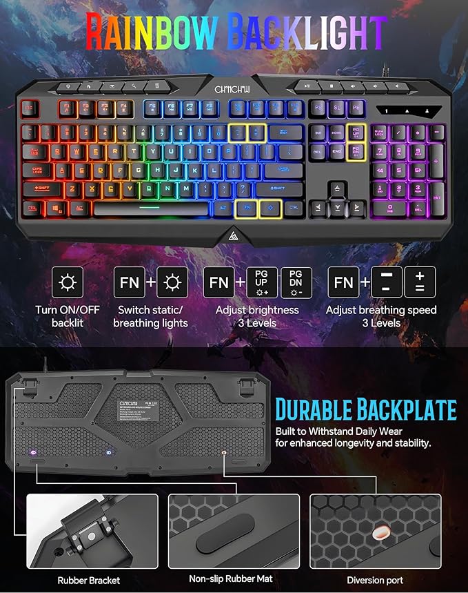 CHONCHOW Gaming Keyboard Wired with Rainbow LED, PC Keyboard with Backlit, Number Pad, Full Size, Dedicated Media Keys, 19 Anti-ghosting Keys for Computer PS4 PS5 Xbox Gamer, Mechanical Feel Switch
