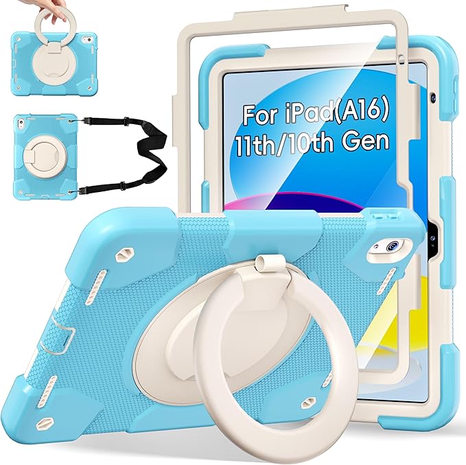 Andnary Case for iPad (A16) 11th /10th Generation 11/10.9 Inch 2025/2022 with Screen Protector/360° Rotate Stand/Shoulder Strap/Pencil Holder, Shockproof iPad 11th/10th Gen Cover (Blue+White)
