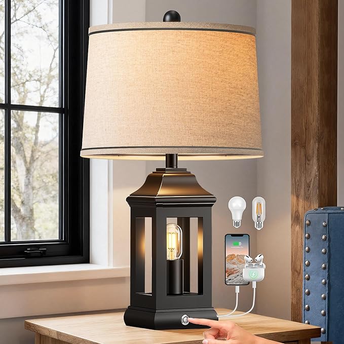 24" Rustic Farmhouse Table Lamps for Living Room, Single Pack Touch Dimmable Nightlight Vintage Bedside Lamps with USB A+C Ports & Dual Light Sources for Bedroom Nightstand End Table, Matte Black