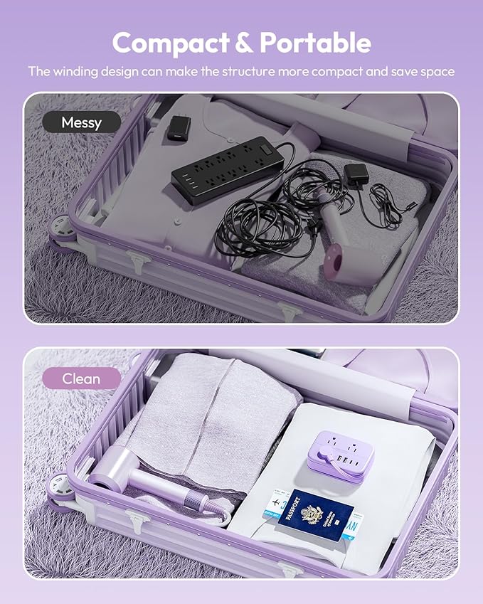 NTONPOWER Purple Travel Power Strip, 6 Outlets 4 USB Ports(2 USB C), 4ft Purple Extension Cord Wrapped Around Small Power Strip, Compact for Travel, Hotel, Cruise Approved