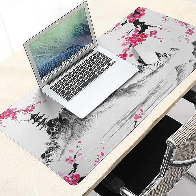 Watercolor Cherry Blossom Mouse Pad 35.4 X 15.7 Inch Japanese Hills Extended Large Pink Mouse Mat Non-Slip Rubber Base Mousepad with Stitched Edges Waterproof Desk Pad for Gaming&Home Office,XL