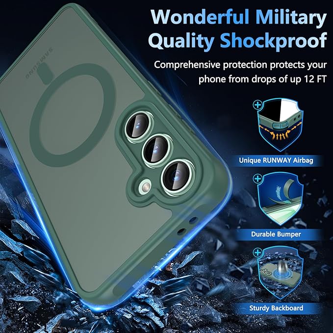 OWKEY for Samsung Galaxy S24 FE Case 6.7'', Magnetic Galaxy S24 FE Case for Magsafe with Tempered Screen Protector [Shockproof Military] Translucent Matte Bumper Phone Cover Samsung S24 FE 5G, Green