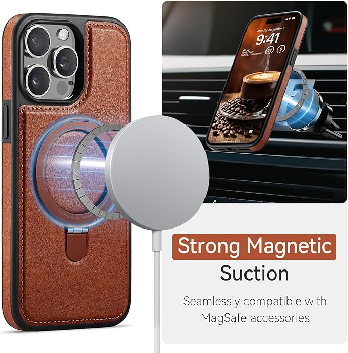 Compatible with iPhone 14 Pro Max Case with Stand, Compatible with MagSafe, Slim PU Leather & Durable TPU Protective Cover Drop-Proof with Tempered Glass Screen Protector 6.7", Brown