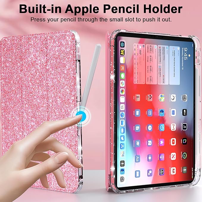 Glitter Case for iPad (A16) 11th Generation 11 Inch (2025), iPad 10th Generation 10.9 Inch (2022), Slim Fit Trifold Stand Auto Sleep Wake Not-Yellowing Clear Back Cover with Pencil Holder,Pink