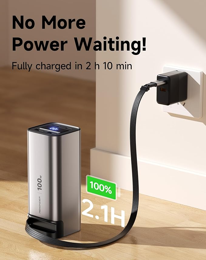 REWONDER 100W Power Bank Fast Charging 20000mAh with Built-in Retractable USB-C Cable, Portable Charger for MacBook Laptop, iPhone 17/16 Series, Samsung, TSA Approved for Air Travel