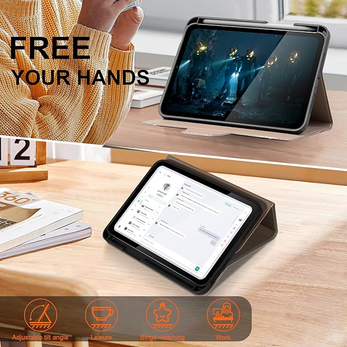 for iPad mini 7 (A17 Pro) 2024 iPad mini 6th Generation 2021 with Pencil Holder,Smart Leather Cover with Buckle, Protective, Auto Wake/Sleep, Adjustable Stand, Multiple View Angles,Gray Brown
