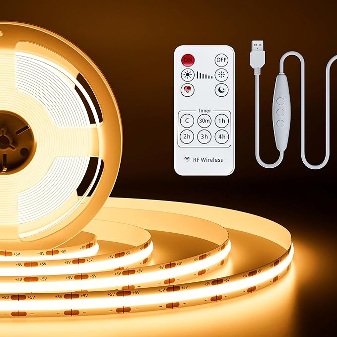 PAUTIX 5V USB COB LED Strip Light 6.56ft/2m 1200lm, Dimmable 640LEDs 2700K Warm White CRI90+ with RF Remote TV Backlight,Flexible Under Cabinet Tape Light for Bedroom,Kitchen,Home DIY Lighting