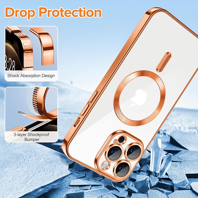 Hython Magnetic Clear for iPhone 12 Pro Max Case with Camera Lens Protector [Compatible with MagSafe] Plating Edge Slim Soft TPU Cover Protective Phone Case for iPhone 12 Pro Max 6.7", Orange