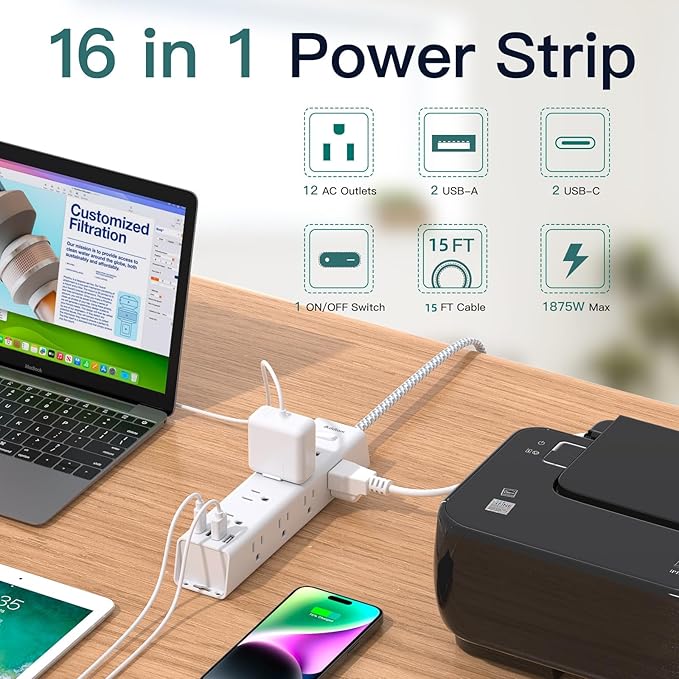 Surge Protector Power Strip - 15 FT Extension Cord, Power Strip with 12 Widely AC Outlet 4 USB, Flat Plug Wall Mount Overload Protection, 1050J, Desk Charging Station for Home Office, ETL Listed,White