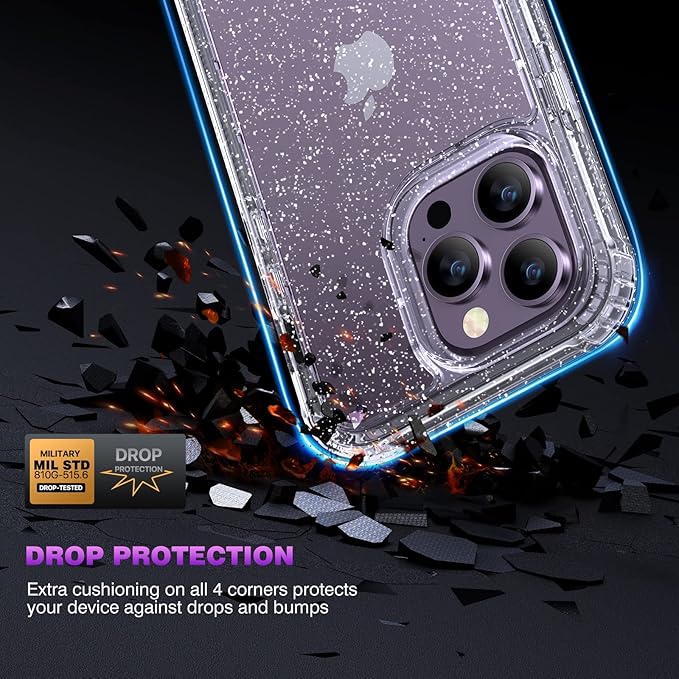 Diaclara Designed for iPhone 14 Pro Max Case 6.7’’ [2023 Upgraded], Full Body Rugged Case w/Built-in Touch Sensitive Anti-Scratch Screen Protector+9H Glass Camera Lens Protector(Clear Glitter)