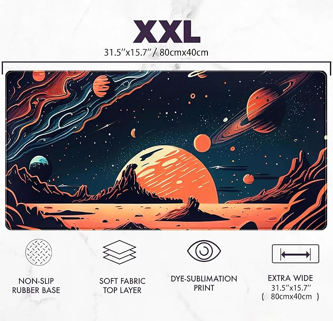 Painted Planets Desk Mat Outer Space Desk Pad, Orange Black Gaming Mouse Pad, Large Keyboard Mouse Mat Work Game, Deskmat with Stitched Edges XXL, Fun Office Decor Desk Accessories 31.5"x15.75"