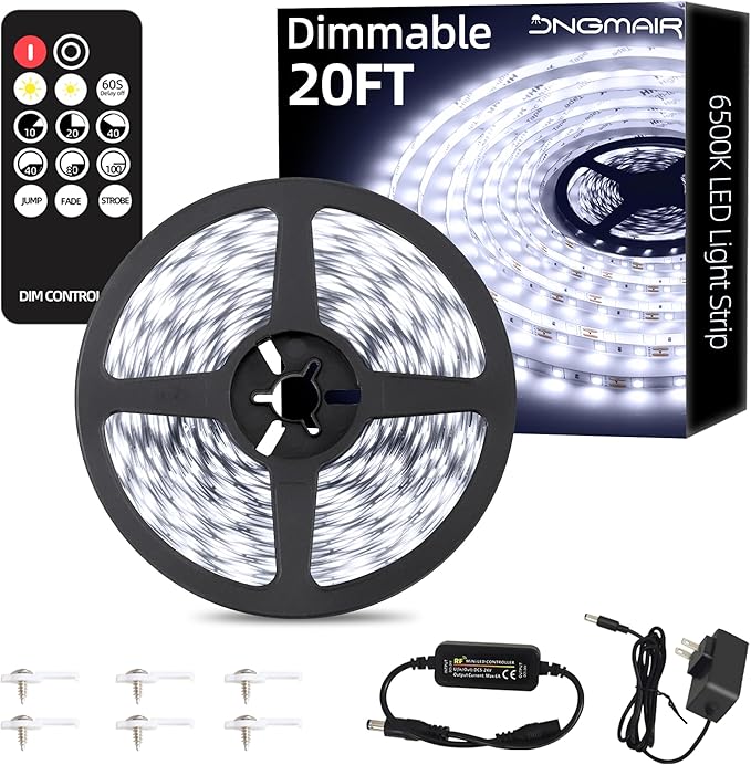 20ft LED Strip Lights with Remote, 6500K Daylight White Dimmable Tape Lights, 12V 360 LEDs 2835 Strong Adhesive Rope Lights for Cabinet Kitchen Ceiling Closet Vanity Mirror Stairway Basement