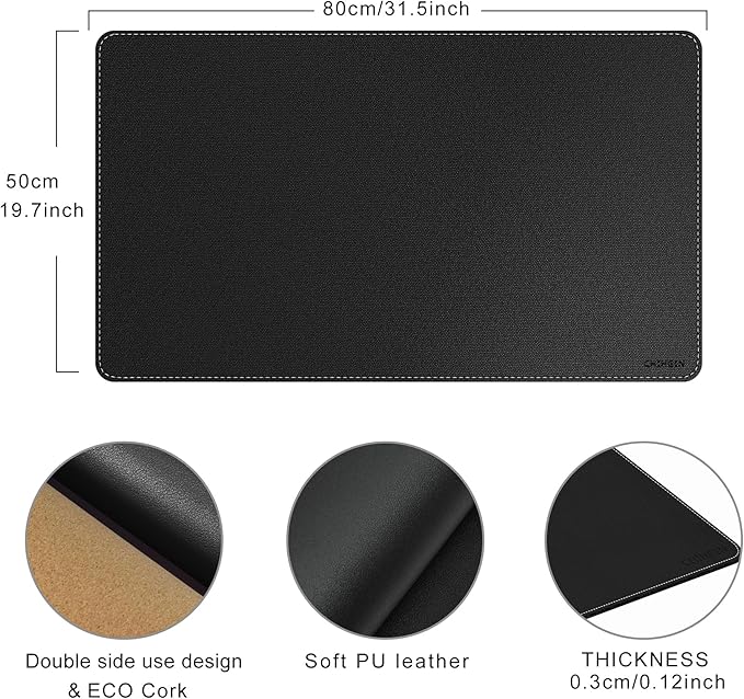 Chihein 32" x 20" Desk Mat with Cork & PU Leather, Dual Sided Desk Pad, Waterproof Computer Desk Mat for Gaming, Office, Home (Black)