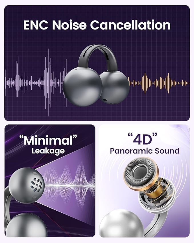 mojawa StarClip Open-Ear Wireless Bluetooth Headphones, Clip-On Earbuds, 4D Panoramic Sound, Clear Calls, Lightweight, Secure Fit, IP54 Water-Resistant Ear Grips for Workout and Daily Use, Silver