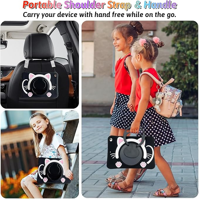 Dteck for iPad Pro 11 Case 2022/2021/2020/2018,iPad Air 5/4 Case,Cute Cartoon 3D Unique Rotating Handle Stand Shoulder Strap Soft Silicone Funda Rugged Shockproof Protective Kid-Proof Case,Black Cat